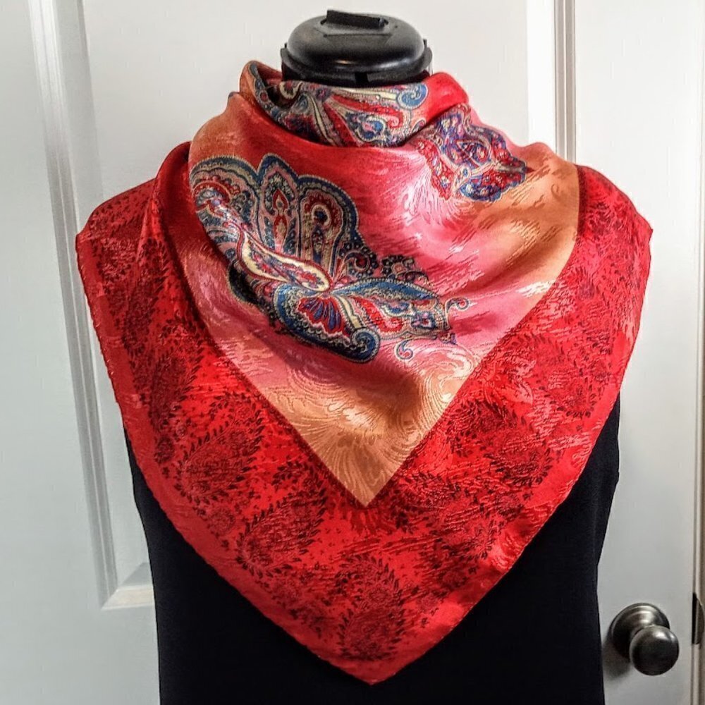 Red Multicolor Paisley Print Jacquard Square Scarf